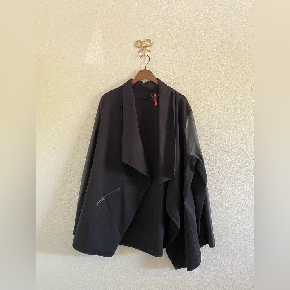 SPANX Drape Front Waterfall Jacket Very Black Faux Leather Ponte Convertible 2X